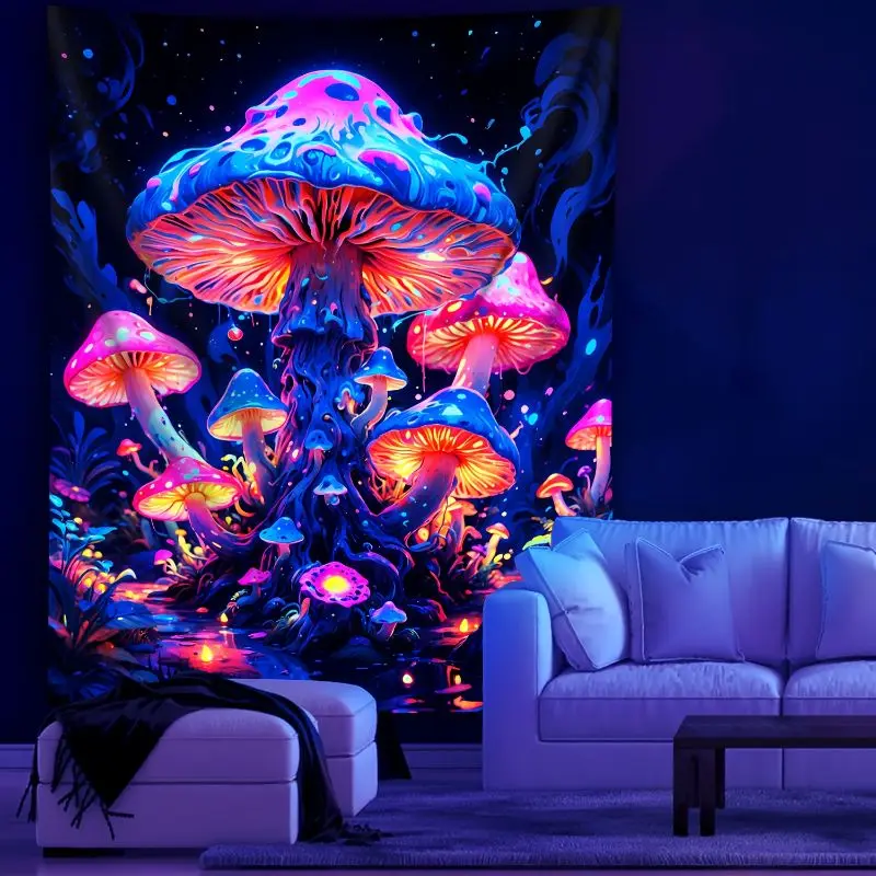 VIKAMA UV Blacklight Psychedelic Mushroom Tapestry Neon Fantasy Glow Wall Hanging for Bedroom Dorm Party Photography Background