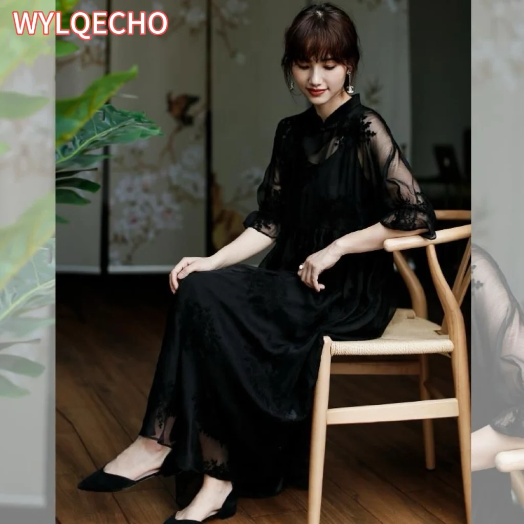 Vestido qipao de encaje mejorado de estilo chino, vestido cheongsam holgado retro, informal, mejorado para uso diario, vestido de fiesta elegante para mujer 2024