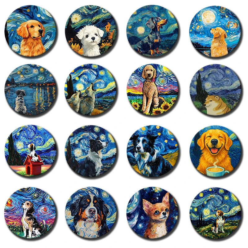 Van Gogh Dog Starry Night Creative Pins Funny Round Cartoon Badge Handmade Lapel Brooches for Backpack Shoes Decor Jewelry Gifts