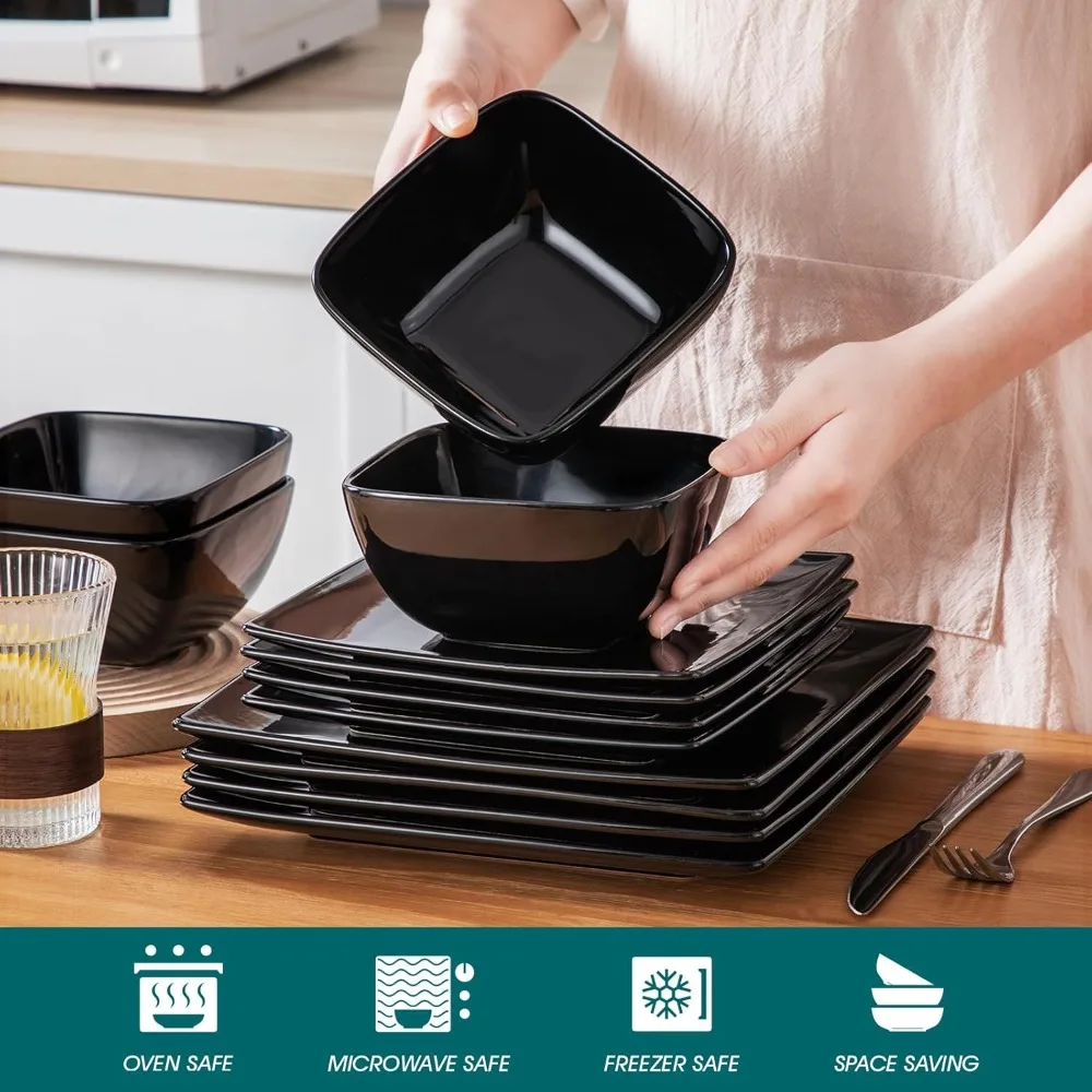 

Soho Dinnerware Sets 12 Pieces, Black Stoneware Square Place Setting, Plates and Bowls Sets, Dinner Plate, - Hot Sale
