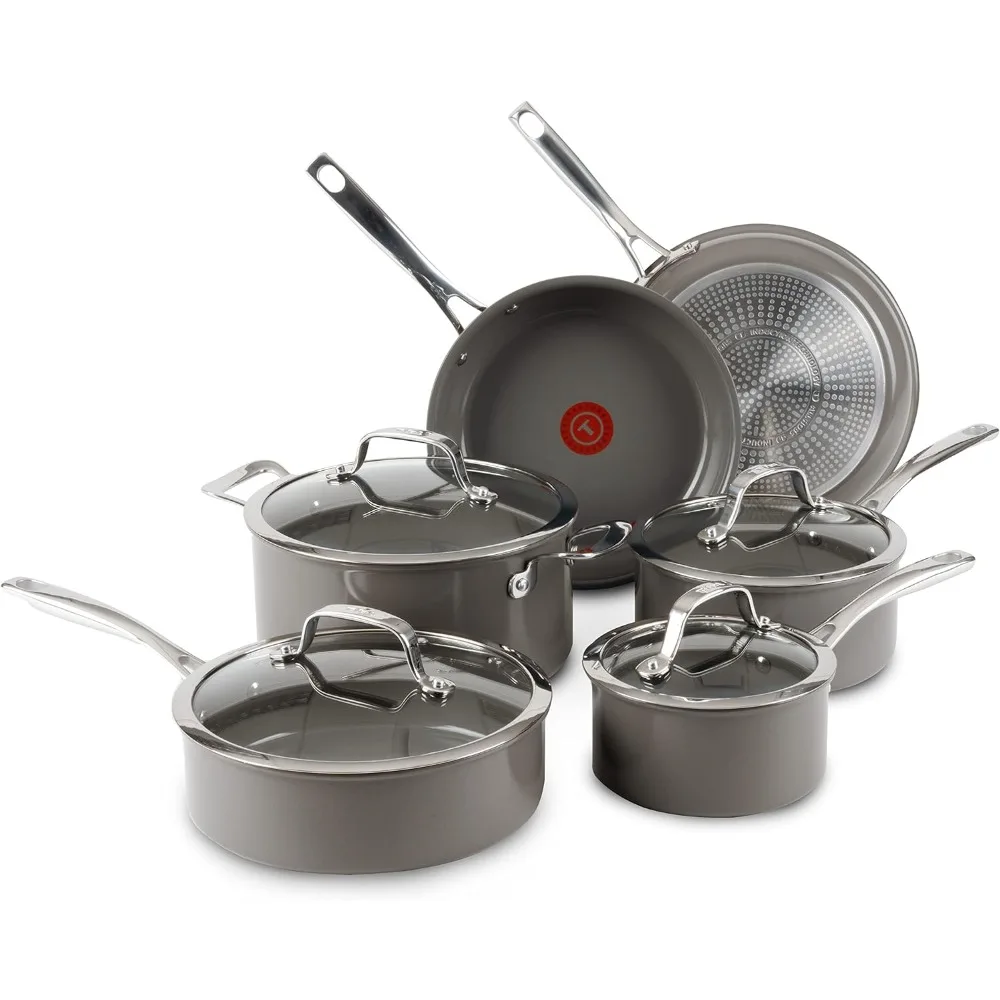 

Набор посуды с антипригарным покрытием T-fal Ceramic Excellence Reserve, 10 предметов, индукционная и безопасная для духовки, 500 ° F, Серый