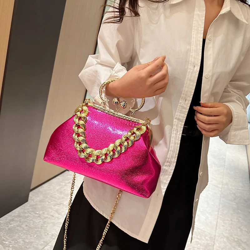 2023 Luxury Women\'s Silver Green Chain Shoulder Bags Gold PU Leather Shell Clip Designer Handbag And Purse Party Wedding Clutch