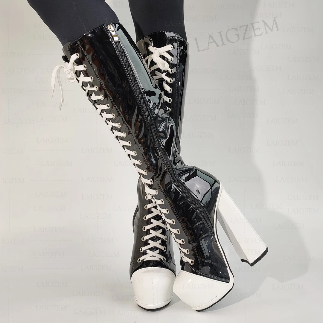 LAIGZEM Women Knee High Boots Platform Shiny Full Zipper Chunky Block High Heel Boots Ladies Shoes Woman Plus Size 41 43 46 47