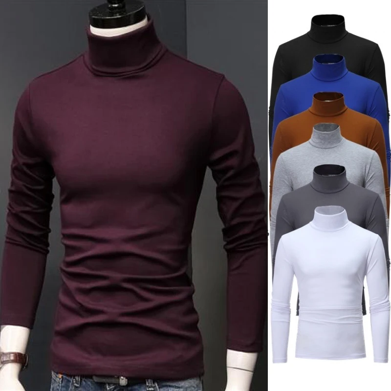 Fashion Men\'s Casual Slim Fit Basic Turtleneck High Collar Pullover Male Autumn Spring Thin Tops Basic Bottoming Plain T-shirt