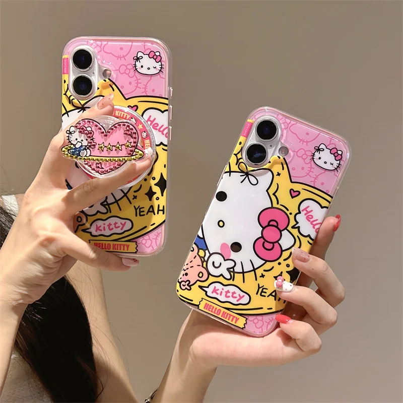 

Korean Ins Cute Hello Kitty Cat Magnetic Phone Case For iPhone 16 Pro 15 13 14 Pro Max Cover with Magsafe Stand Holder Cases 16