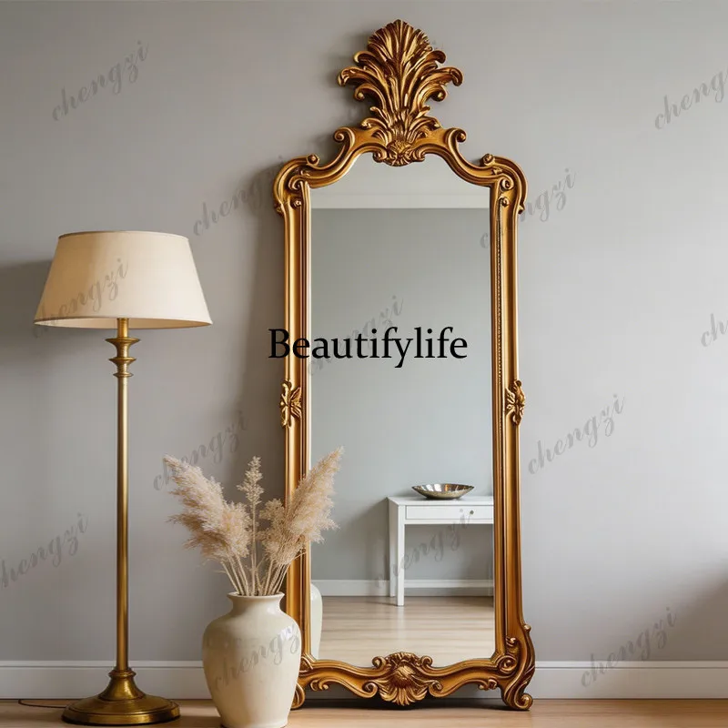 French retro rectangular full-length mirror European wall-mounted carved decorative full-length mirror, court style