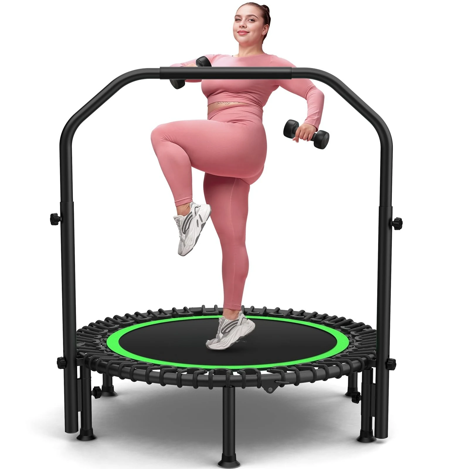 Foldable Bungee Fitness Rebounder Trampoline, Quiet Indoor Exercise Bouncer With Adjustable Handle, Low Impact Cardio Workout Training Jumper For Home Gym, Black
