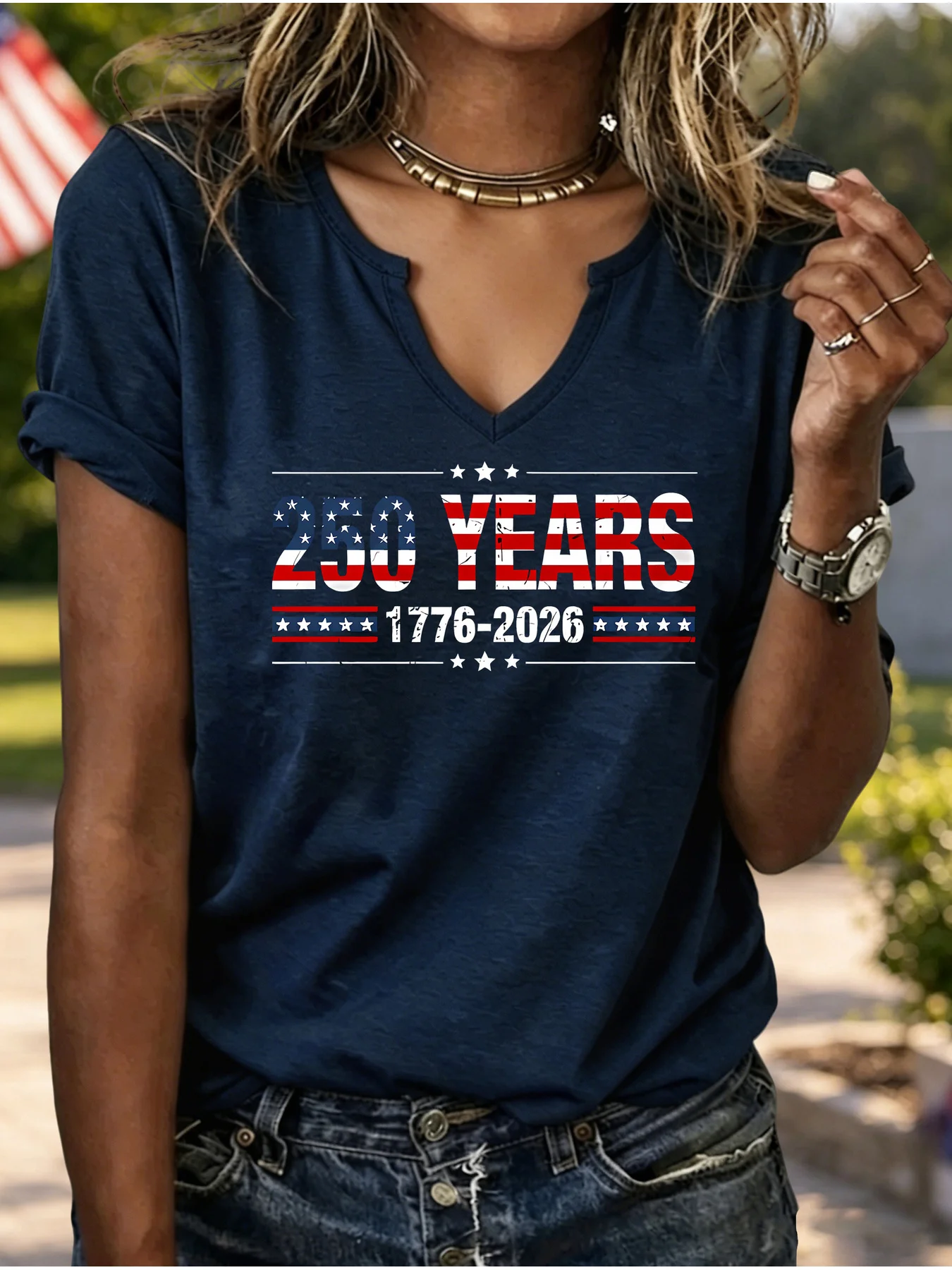 Women Summer Notch V Neck Short Sleeve T-Shirt, USA 250th Anniversary 1776-2026 American Flag Star Letter Print, Casual Top