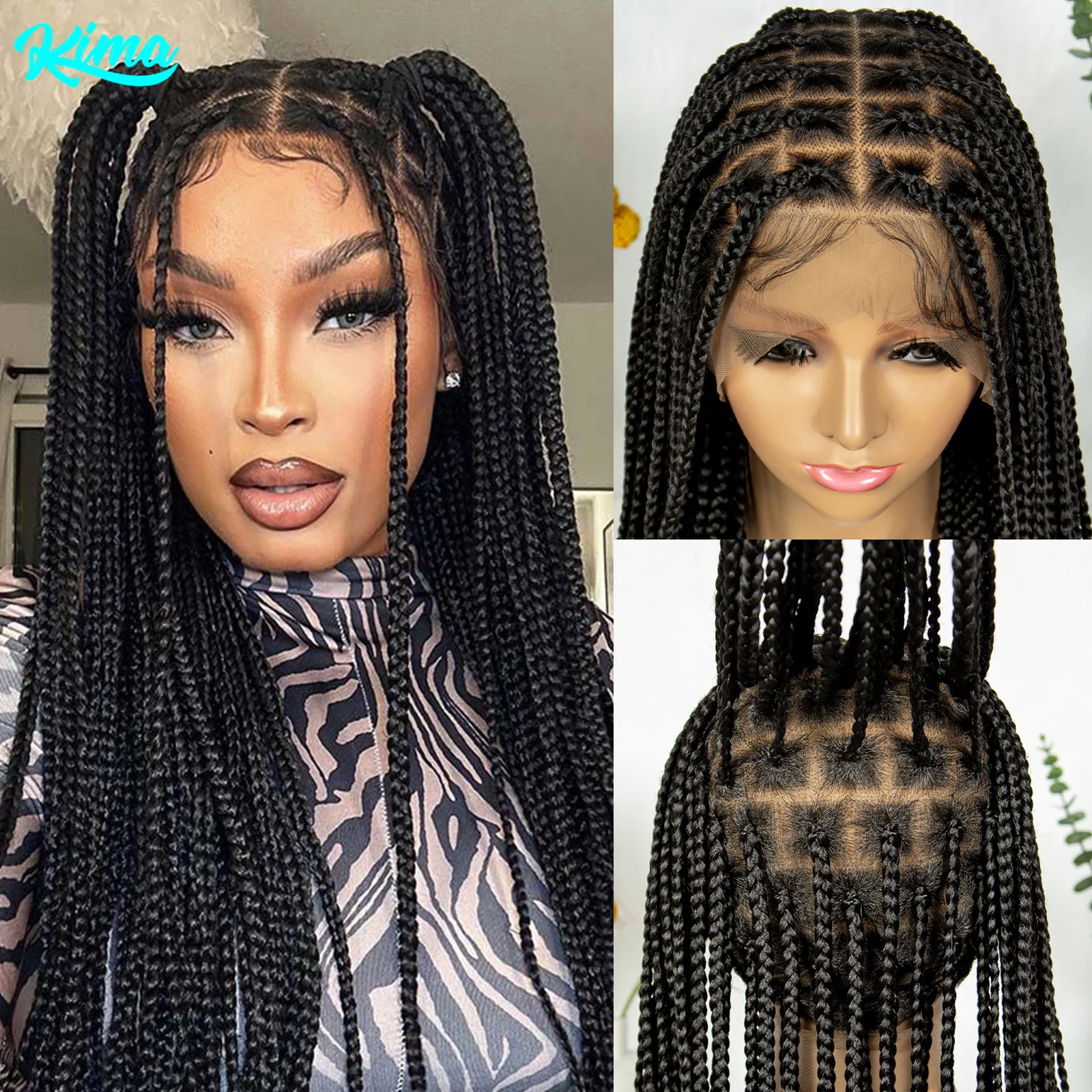 KIMA 34 inch Straight Box Braided Wigs Transparent Full Lace Wigs Synthetic Cornrow Braids Wigs With Baby Hair for Black Women