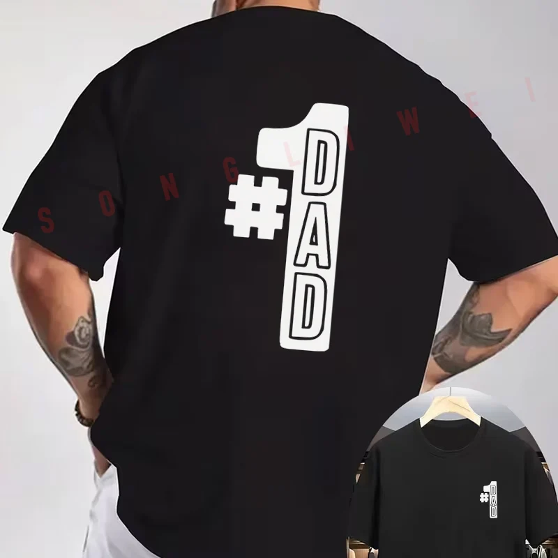 Funny #1 DAD Print Motorcycle T-Shirt Double-Sided Print Men's Summer Short Sleeve Round Neck Casual Tops