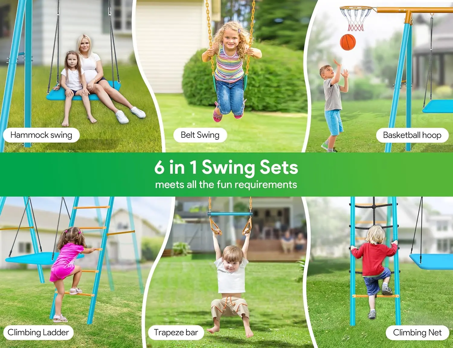 Sets for Backyard, 6 in 1 Swing Sets,Heavy-Duty Metal Swing Sets for Backyard with 2 Swings, Climbing Ladder and Nets,Trapeze Ba