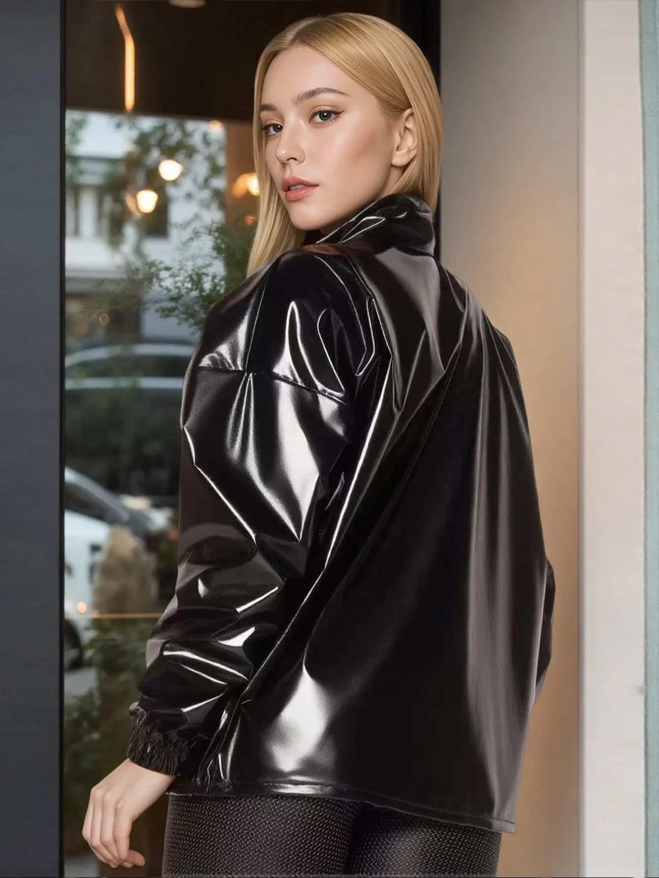 Women's Glossy Black PVC Wet Look Pullover, High Neck Drawstring Detail, Oversized Fit, Casual Outerwear for Party Clubwear Rave