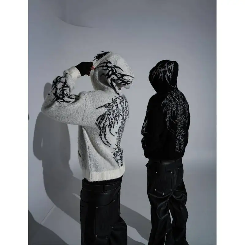 

Осень-зима 2025: новый европейский и американский хип-хоп стиль Harajuku, темный стиль, узкий свободный свитер на молнии с принтом