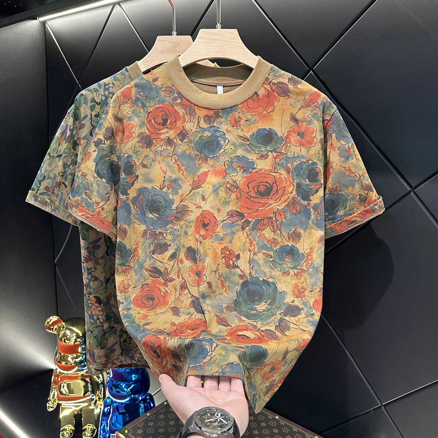 2025 Summer New Fashion Trendy Design Printed Round Neck Short Sleeve T-Shirt for Young Men Versatile Stylish Slim Fit Top
