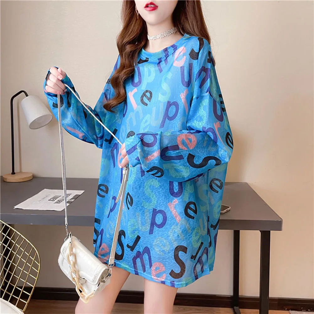 Fashion Summer Printing Letter Long Sleeve T-shirt Women's Sun Protection Shirt Medium Long 2022 New Loose Wild Female Thin Top