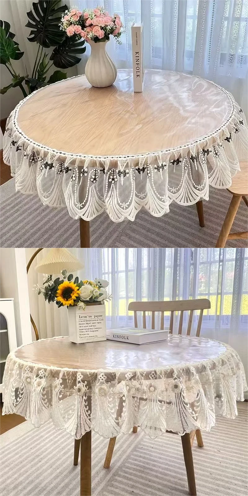 

PVC Transparent Embroidered Lace Tablecloth Clear Tables Cover Soft Waterproof Table Cloth Household Rectangle Round Table Mat