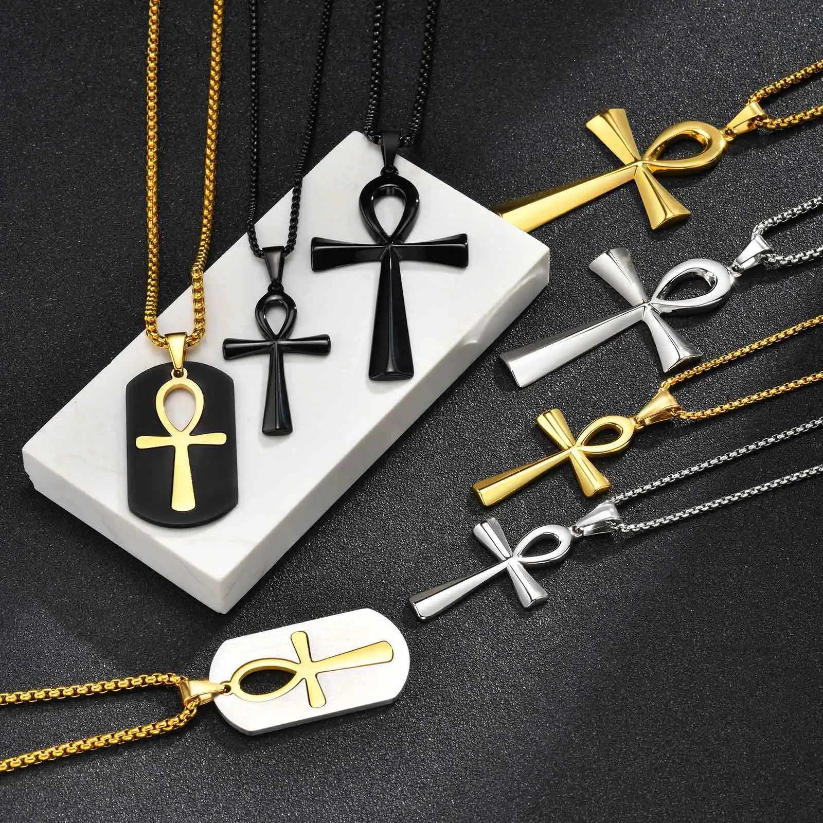 Vnox religión egipcia Ankh crucifijo Cruz colgante collares de acero inoxidable símbolo de la vida Cruz colgantes regalos de oración joyería