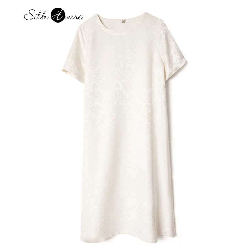 2025 Women's Fashion Early Autumn New 100% Natural Mulberry Silk White Lotus Jacquard Satin Round Neck Short Sleeve Dress