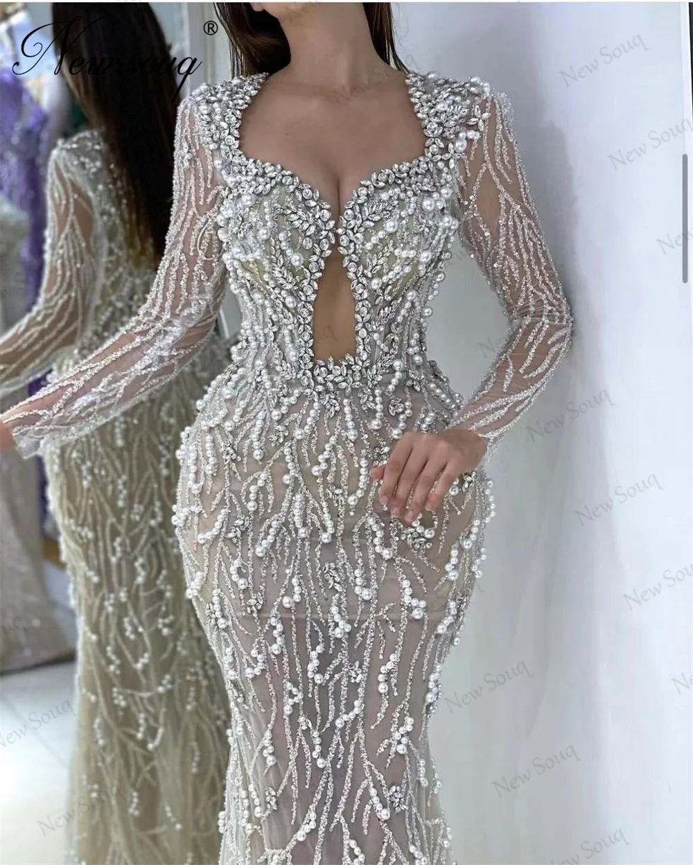 Middle East Long Sleeves Prom Dresses Haute Couture V Neck Pearls Evening Dress Dubai Crystals Mermaid Party Gowns For Women