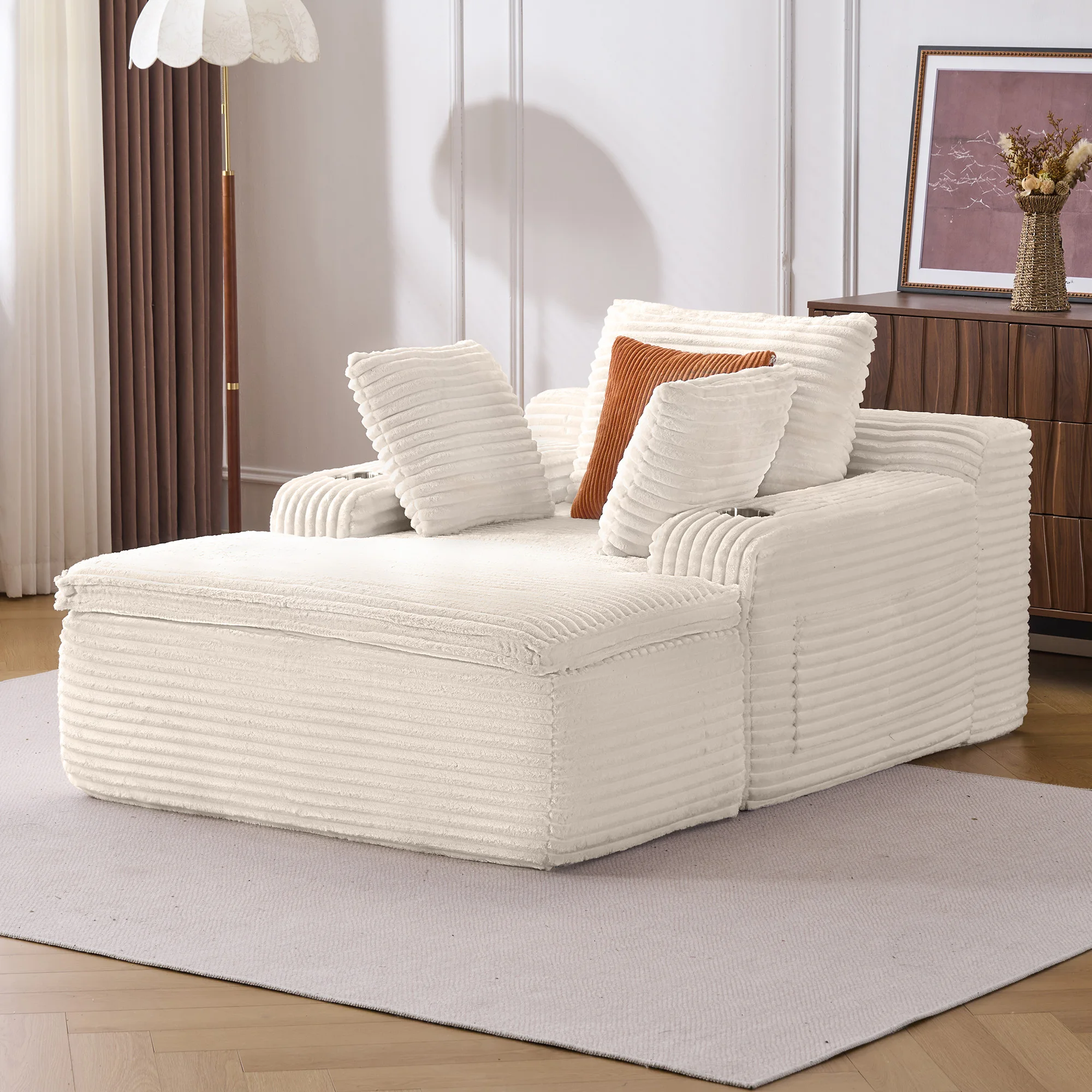Weiches Schlafsofa, gemütliches, übergroßes Cord-Chaiselongue-Sofa, kein Aufbau erforderlich, ergonomisches Bodensofa mit 2-in-1-Kissen, Decke und Getränkehaltern für Wohnzimmer, Schlafzimmer,