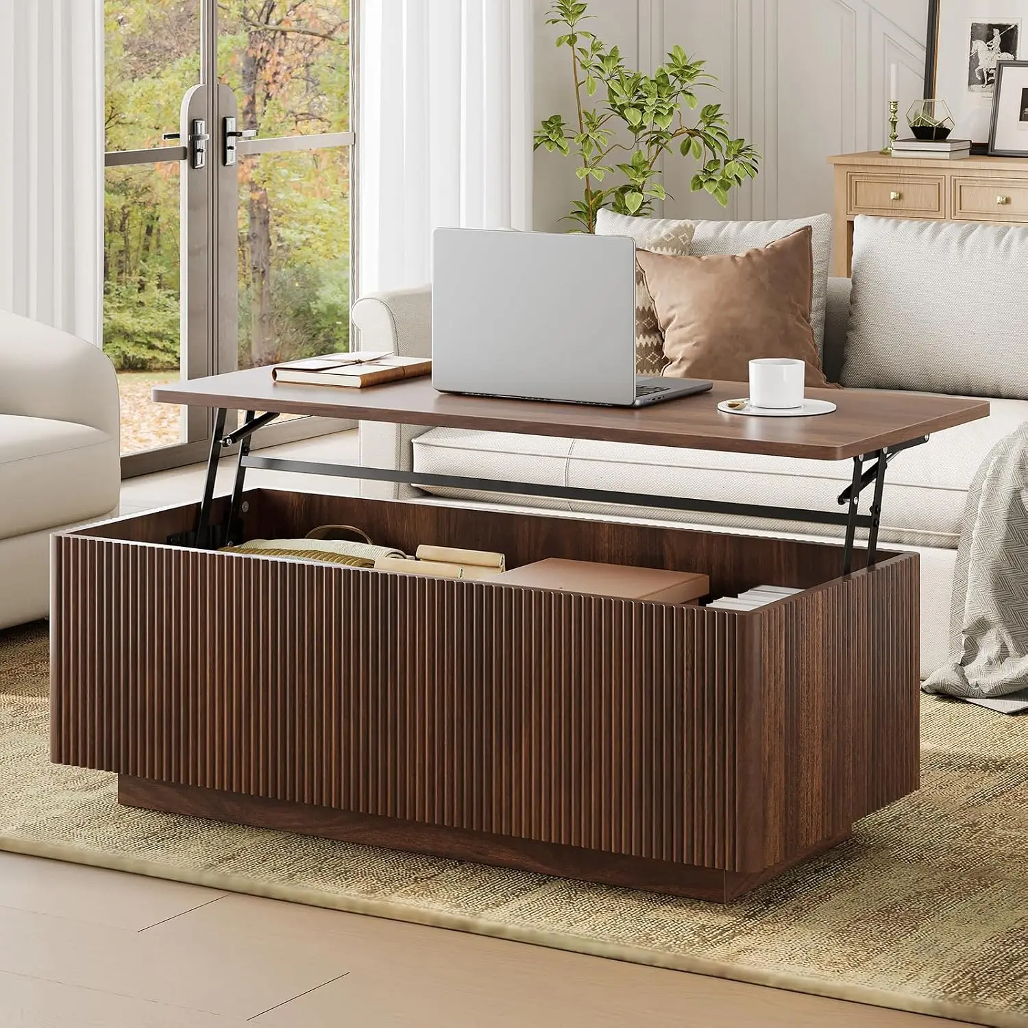 41.7'' Fluted Lift Top Coffee Table Large Hidden Storage, Walnut, Customized