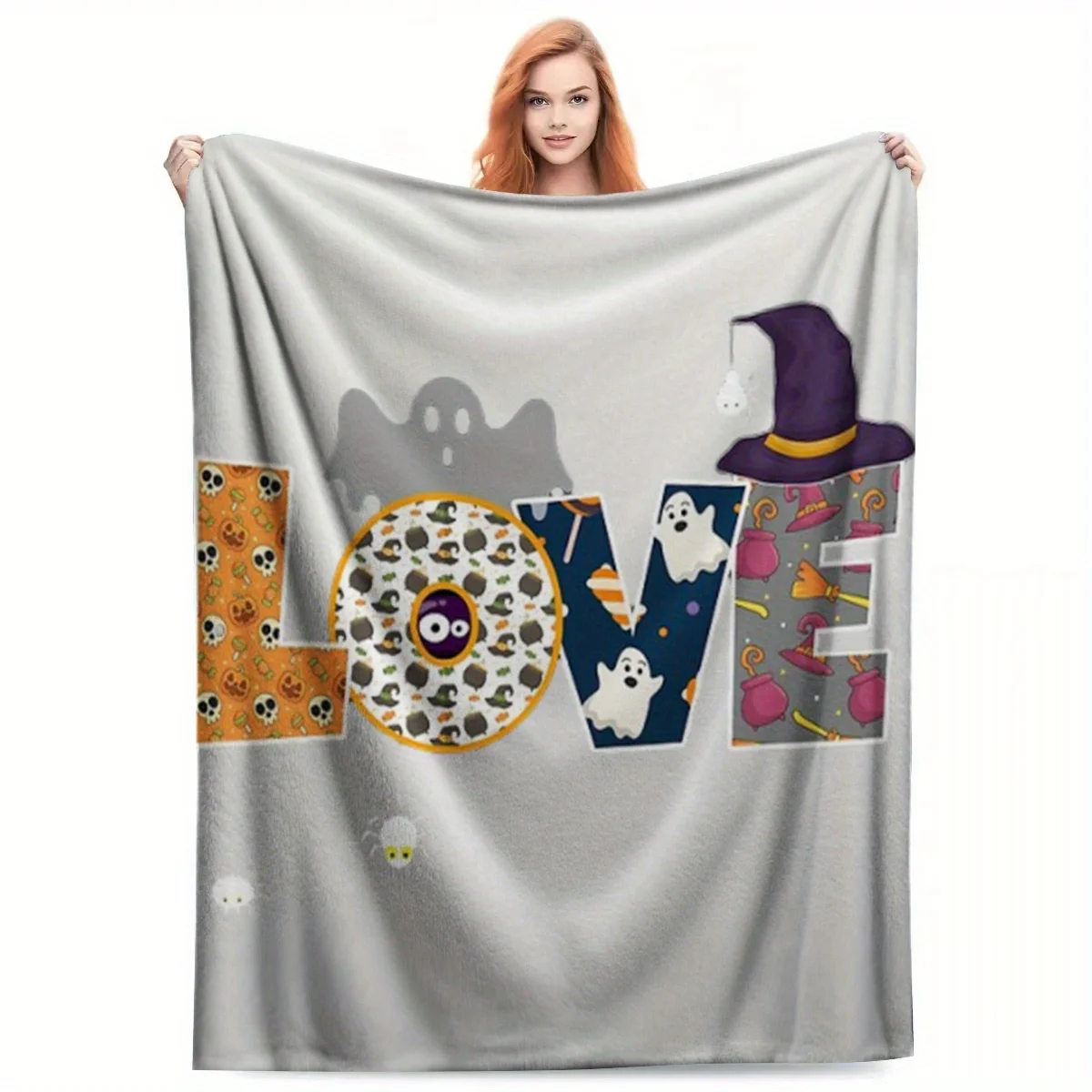 Halloween Celebration Design Flannel Blanket - Cozy All-Season Throw with Spooky Ghosts, Pumpkins & Bats, Machine Washable, Cont