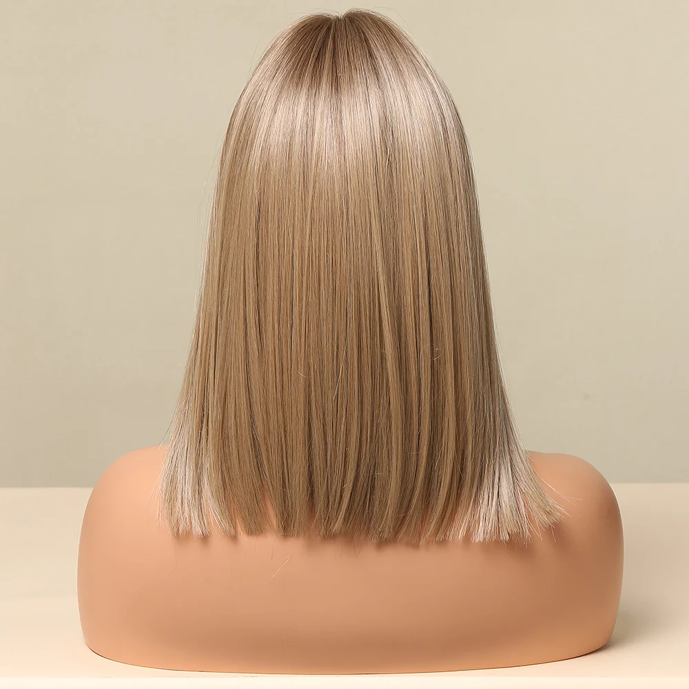 Brown Blonde Lace Front Wigs Short Straight Bob Synthetic Lace Frontal Wig with Baby Hair for Women Blunt Cut Natural Daily Hair