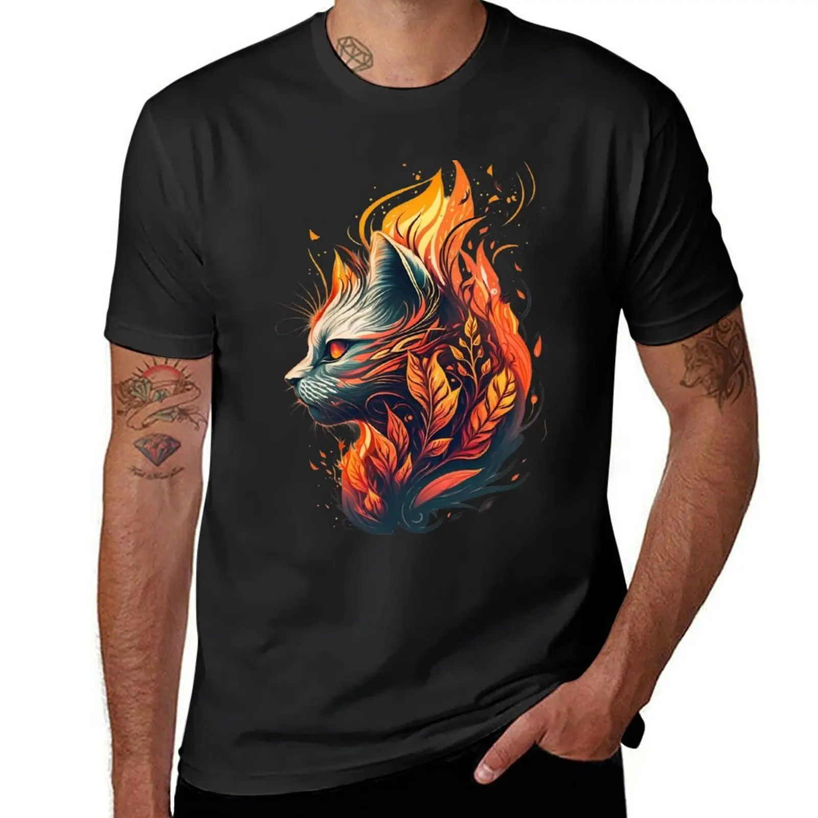 

Cat portrait on fire T-Shirt boys whites heavyweights kawaii clothes summer clothes black t-shirts for men