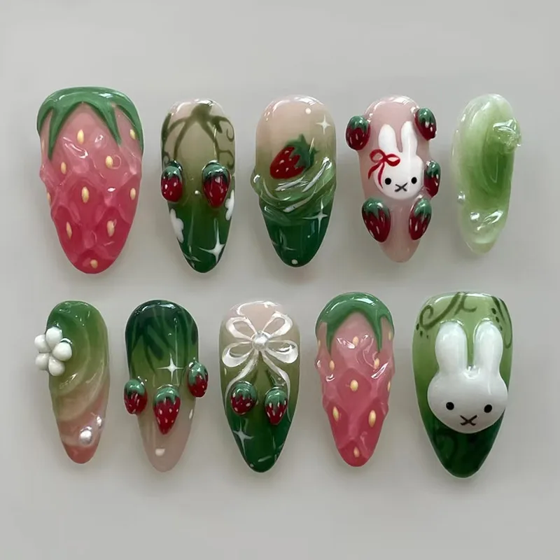 24 Stück Niedliche Cartoon Rote Apfel Künstliche Nägel Grüne Polka Dots Karierte Muster Französische Fake-Nägel Süße Frucht Mandel-Nägel zum Aufkleben