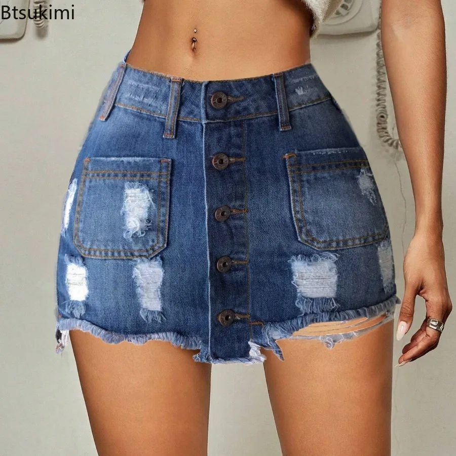 New 2026 Summer Luxury Fashion Women's Short Denim Skirt Hole Slim-Fit Wrap Hip Skirt for Women Casual Sexy Slim Ladies Drees