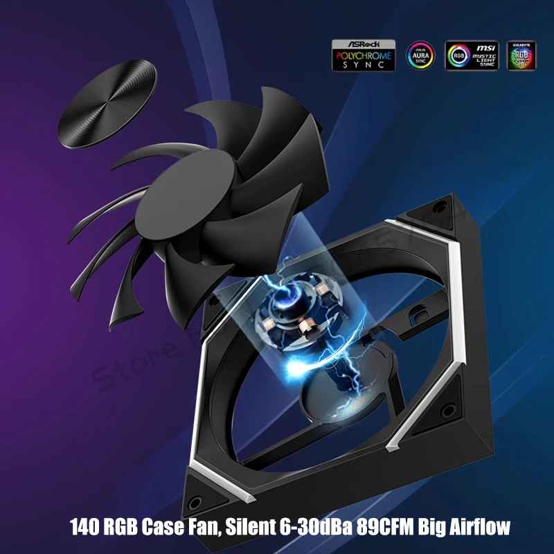 140 حافظة مروحة ARGB، صامتة 6-30dBa 89CFM تدفق هواء كبير، خزانة كمبيوتر 14 سم 14025 تدعم مبرد Mobo 5V ARGB SYNC، عكس أو أمامي