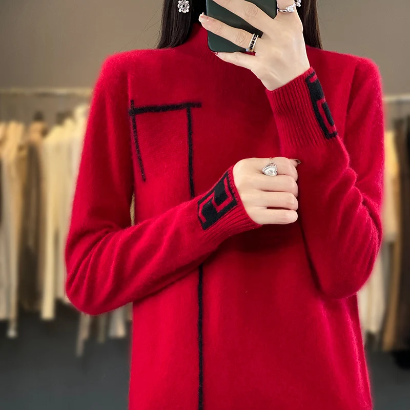 2023 Autumn/Winter New Women's Half High Collar Pullover 100% Merino Wool Sweater Knitted Pullover Color Matching