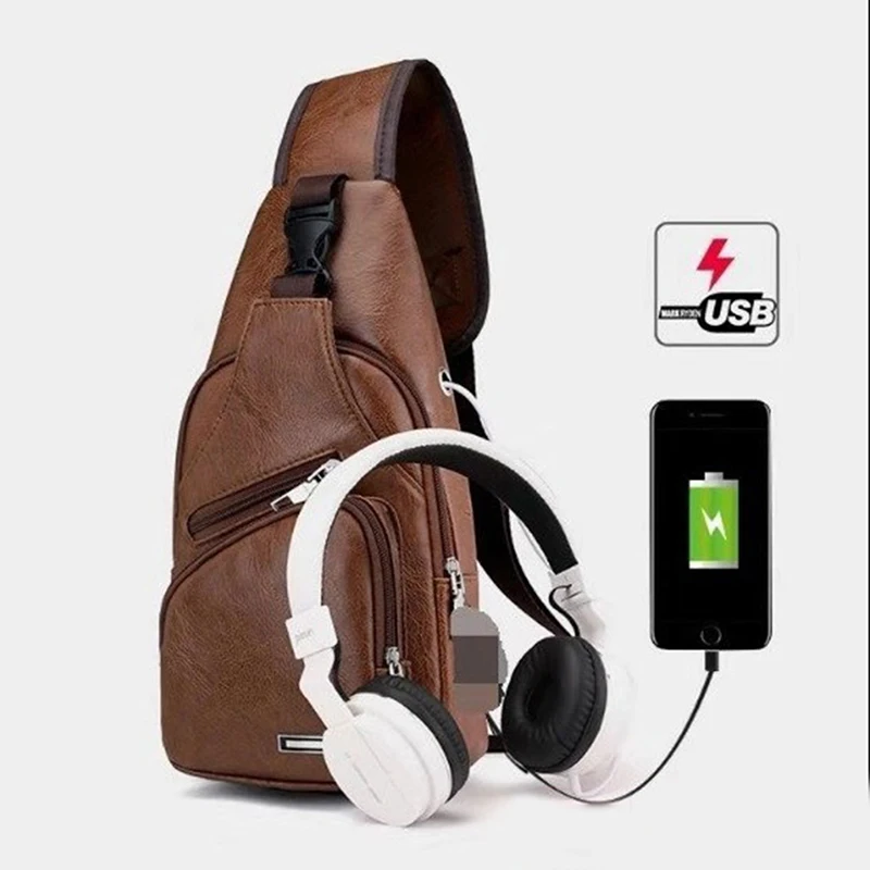 Men Chest Bag Pu Leather Outdoor Waterproof With USB Charging Earphone Hole Fashion Messenger Shoulder Bag For Male