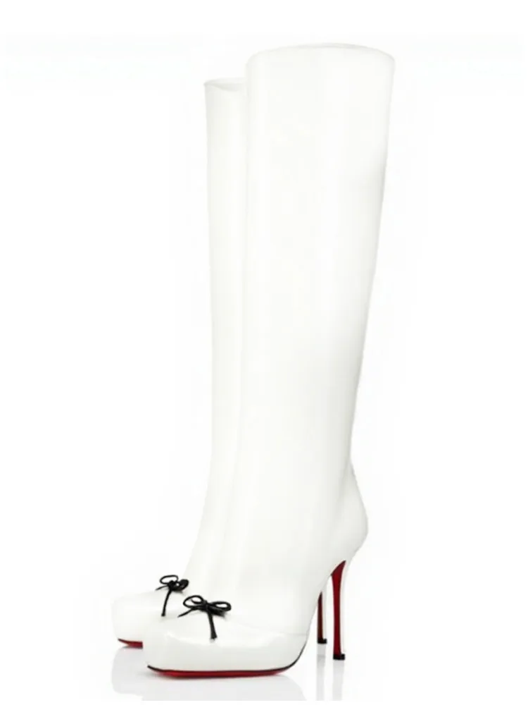 

New Autumn And Winter Women's Fashionable Sexy Side Zipper Slim High Heels Knee High Boots Square Bow Women's Mid Length Boots