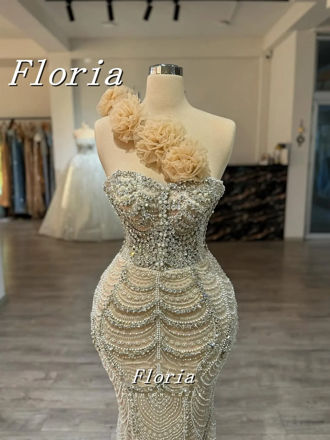 

Exquisite Beading Mermaid Evening Dresses Flower Slanted Shoulder Strap Pearls Long Prom Dress Ruffles Party Gown Customized
