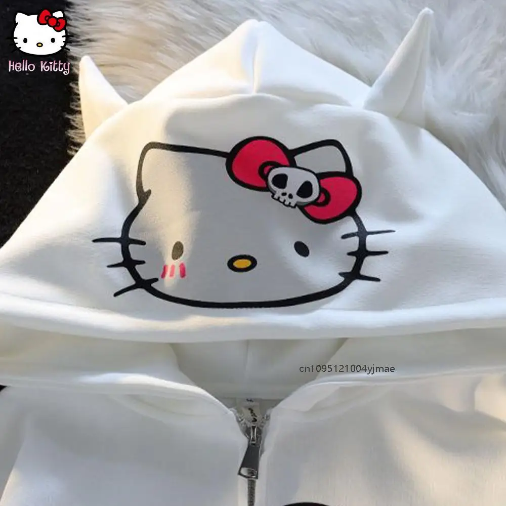 سانريو Kawaii مرحبا كيتي القطن المطبوع هوديي المرأة فضفاضة سستة الكرتون سترة معطف مقنعين الملابس جديد الخريف الشتاء لطيف