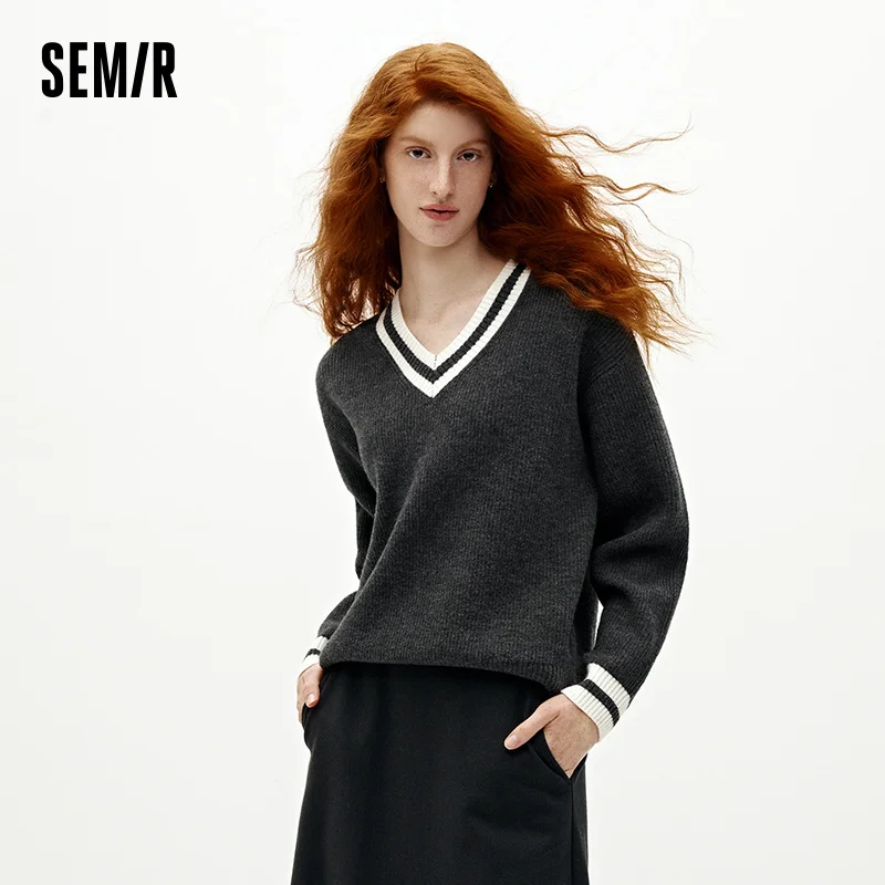 Semir Women Knit Sweater Color Block V Neck Drop Shoulder Loose Fit Layering Minimal Design 2026 New Winter Daily Wear