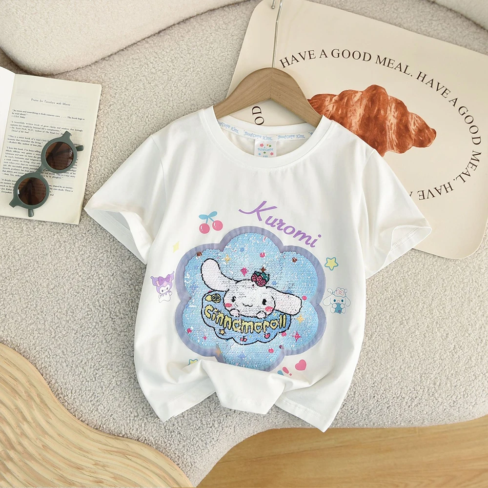 Cinnamoroll Sanrios Kids Short Sleeved Melody Kuromi Cartoon Anime T-Shirt Summer Tops Breathable Youngsters Sequin Short Sleeve