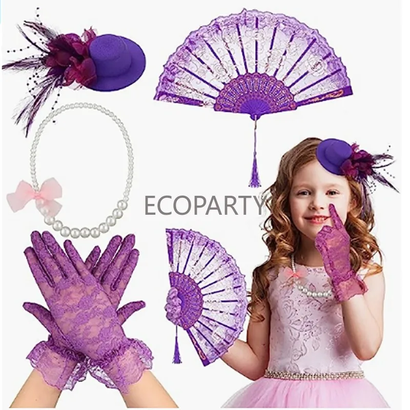 

2023 New Girls' Birthday Party Children's Party Little Hat Headwear Pearl Necklace Gloves Folding Fan Five Colors Available 5PCS