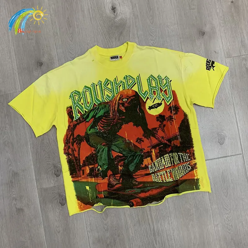 

Желтая футболка High Street Skeleton скейтборд с принтом грубых игр для мужчин и женщин, футболка из 100% хлопка с буквенным логотипом и стразами RoughPlay