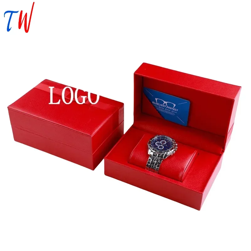 PU Leather ALL Red Watch Case Large Box Gift Watch Box Rectangular Flip Watch Jewelry Bracelet Packaging Box Free Custom Logo