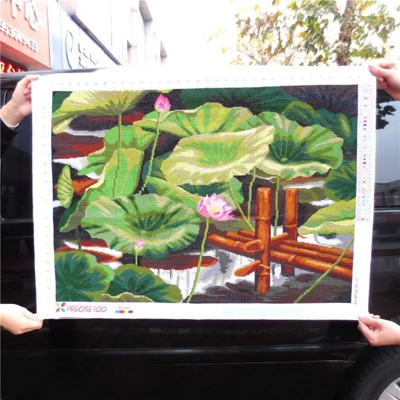 Pure handmade cross stitch finished product, lotus rhyme, lotus qi, wealth, lotus flowers, modern Chinese style, small and