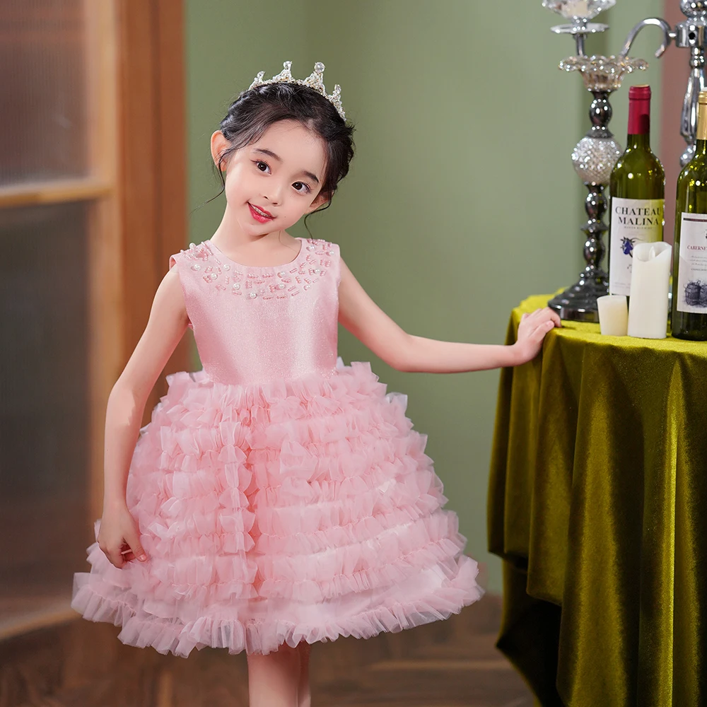 Vestido escalonado de satén para niña, traje de princesa con flores, color blanco, Rosa y Rojo, ideal para fiesta de cumpleaños y boda, Verano