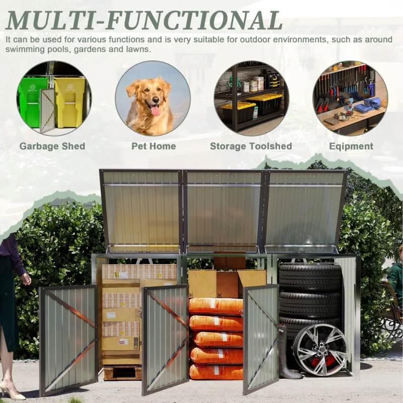 Grey 3 Trash Cans Garbage Bin Shed with Pneumatic Support Rod Lockable Doors Waterproof Lid for Patio Garden Backyard