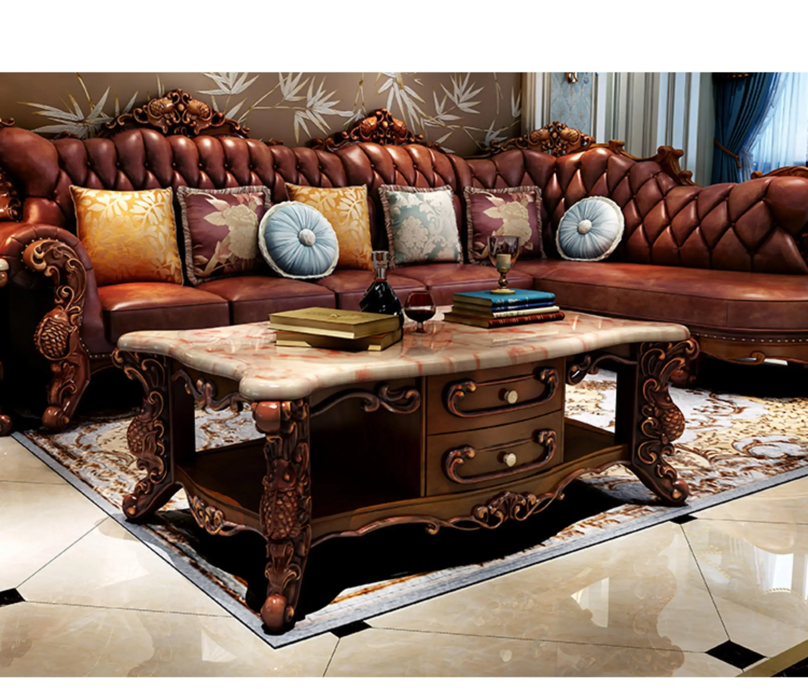 European-style Marble  Solid Wood Carved Coffee Table TV Cabinet Living Room High-end Furniture