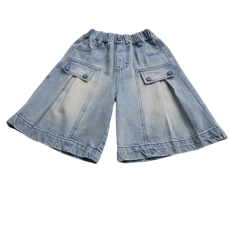 

Fashion Summer Mid-Calf Denim Shorts 5-14T Long Style Kids Child New Design Jeans Capris Shorts with Fake Pocket for Girls High