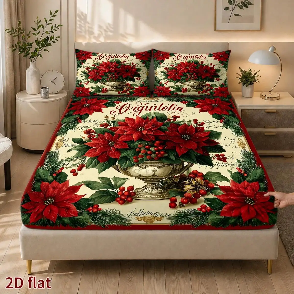 Christmas 2D Digital Print Three-Piece Bedding Set (Includes 1 Fitted Sheet + 2 Pillowcases) Mattress Protector, Fitted Elastic Style, Protective Cover, Mattress Protector, Classic Red Flower and Green Leaf Pattern, Vintage Oil Painting Style, Christmas Decoration, Suitable for All Seasons, Machine Washable, Holiday Decoration, Various Sizes, Breathable Protective Cover Plus Pillowcase