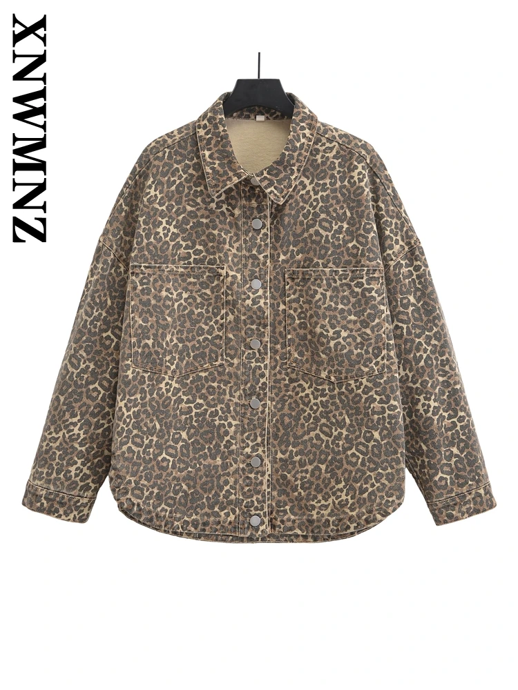 XNWMNZ Woman's 2024 New Autumn Casual Jacket Female Vintage Turn-down Collar Long Sleeve Coat Women Wear LEOPARD pockets Top