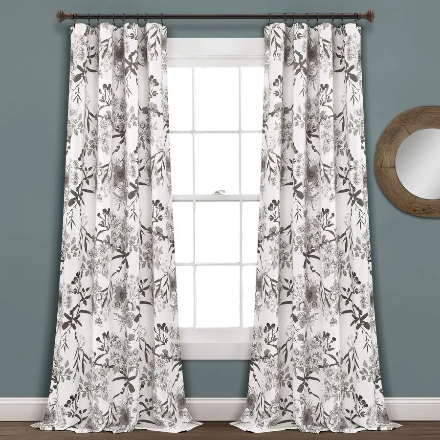 

Botanical Garden Curtains Floral Bird Print Light Filtering Window Panel Drapes Set for Living, Dining, Bedroom Pair, Gray amp W