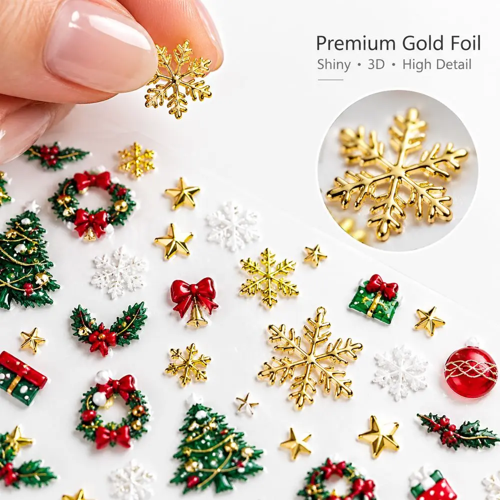 1Pc Nordic Minimal Nail Sticker Easy Apply 5D Embossed Delicate Snowflake Pine Branch Star for Winter Christmas Nail Craft Decor
